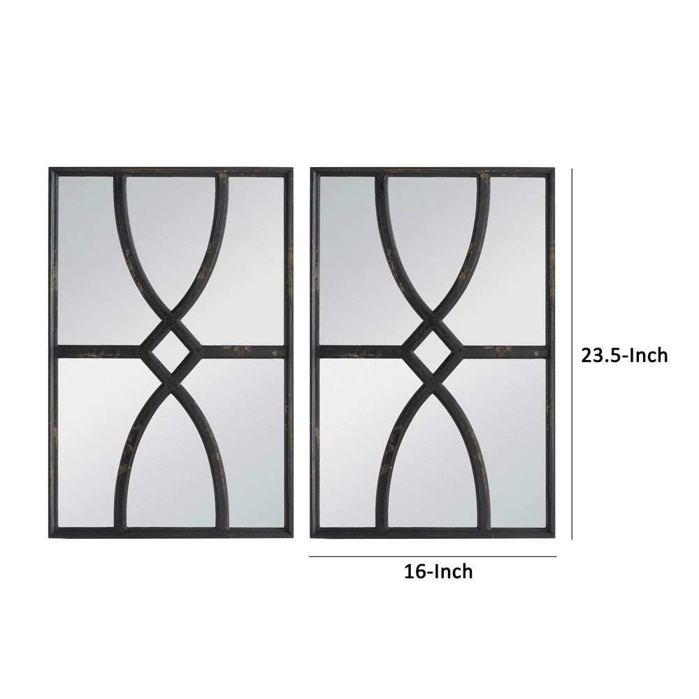 Tio 24 Inch Fir Wood Wall Mirror Set of 2, Geometric Overlaid Design, Black - BM285574