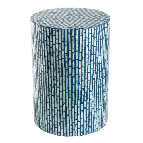 20 Inch Capiz Accent Stool Table, Cylindrical Linear Pattern, Blue, Black - BM285576