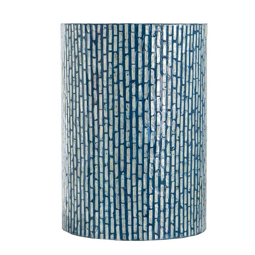 20 Inch Capiz Accent Stool Table, Cylindrical Linear Pattern, Blue, Black - BM285576