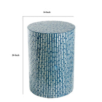 20 Inch Capiz Accent Stool Table, Cylindrical Linear Pattern, Blue, Black - BM285576