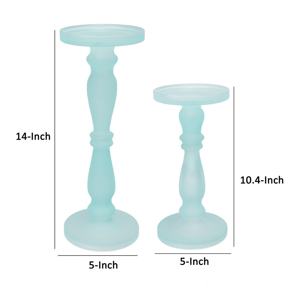 Qui 14, 11 Inch Candle Holders, Turned Pedestal, Blue Glass, Set of 2 - BM285579