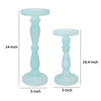 Qui 14, 11 Inch Candle Holders, Turned Pedestal, Blue Glass, Set of 2 - BM285579