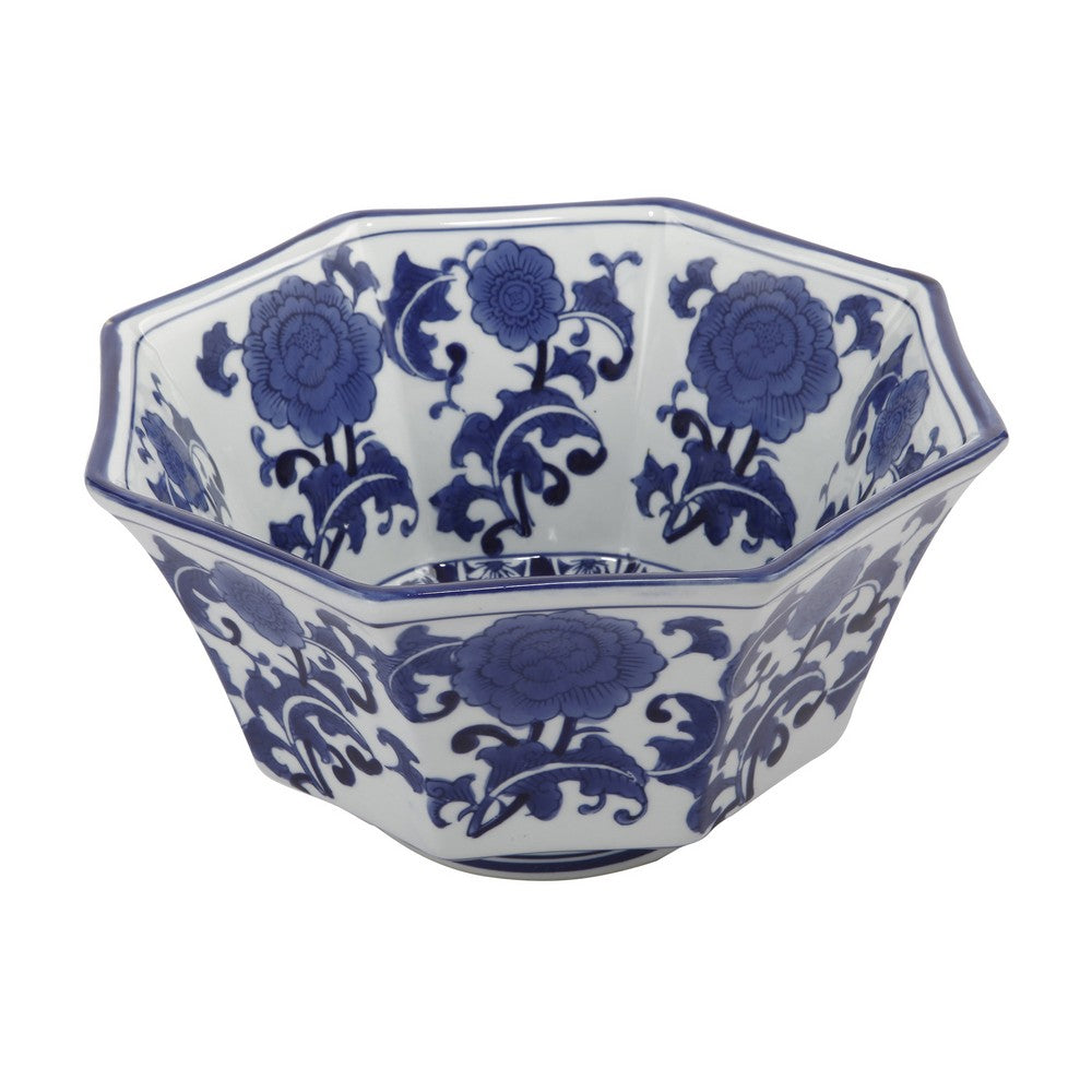 11 Inch Decorative Bowl with Floral Pattern on Blue and White Porcelain - BM285587