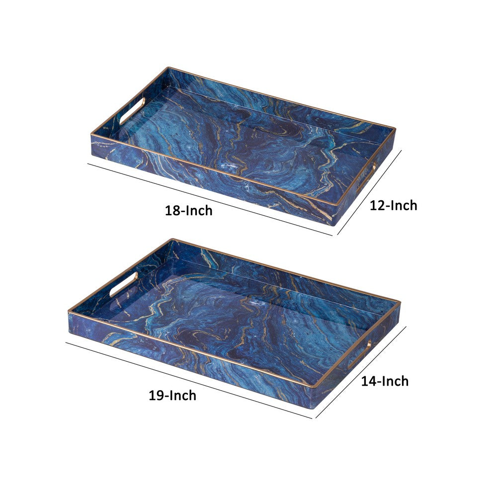 19, 18 Inch Set of 2 Modern Decorative Trays, Blue Pattern with Gold Rim - BM285588