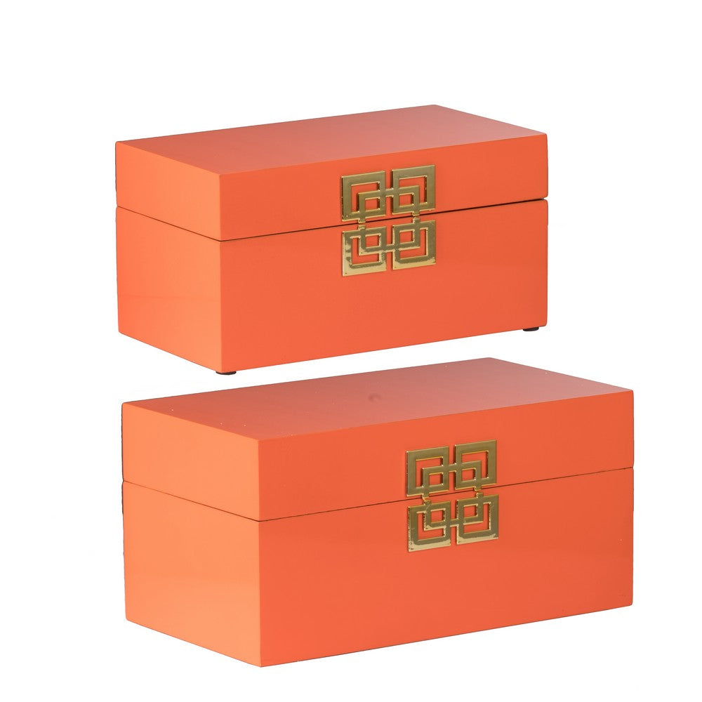 Neo 14, 11 Inch Set of 2 Decorative Boxes, Geometric Metal Accents, Orange - BM285589