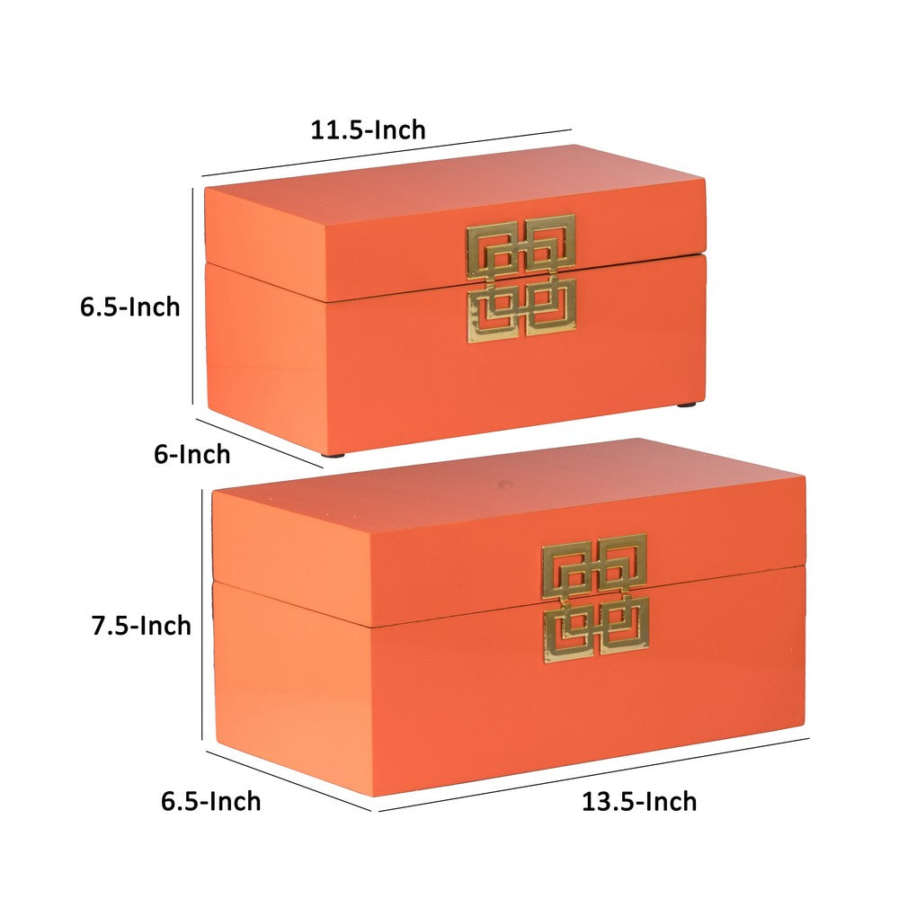 Neo 14, 11 Inch Set of 2 Decorative Boxes, Geometric Metal Accents, Orange - BM285589
