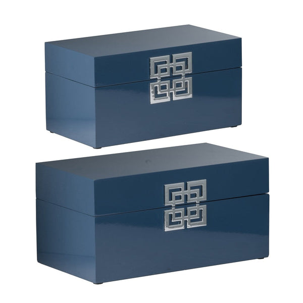 Neo 14, 11 Inch Set of 2 Decorative Boxes, Geometric Metal Accents, Blue - BM285590