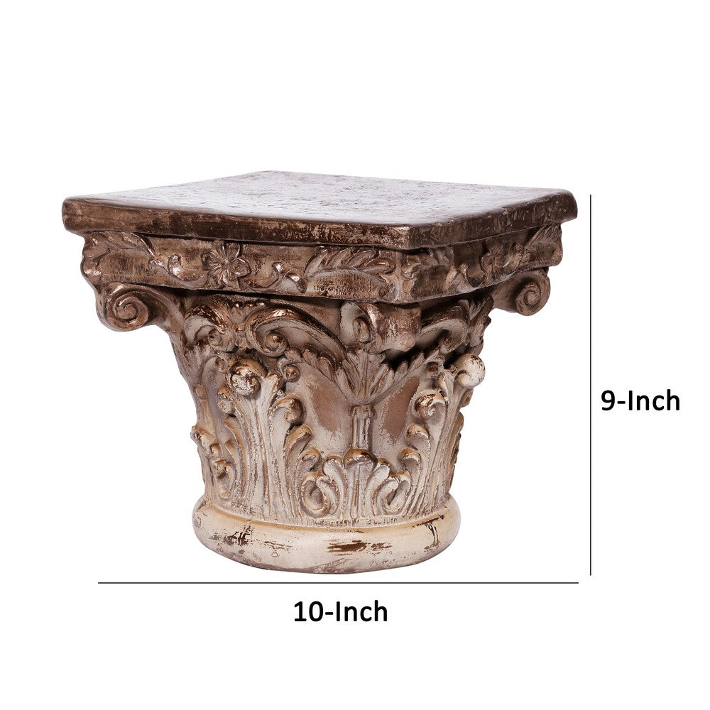 10 Inch Column Pedestal, Classic Carved Floral Scrollwork, Antique Gold - BM285591