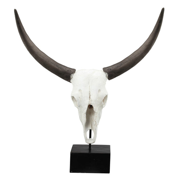 26 Inch Resin Cow Skull Accent Table Decoration, Metal Block Base, White - BM285592