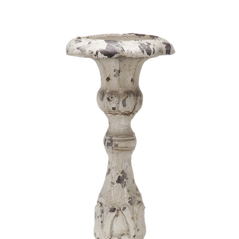 28 Inch Metal Candle Holder, Classical Turned Pedestal, Distressed White - BM285595