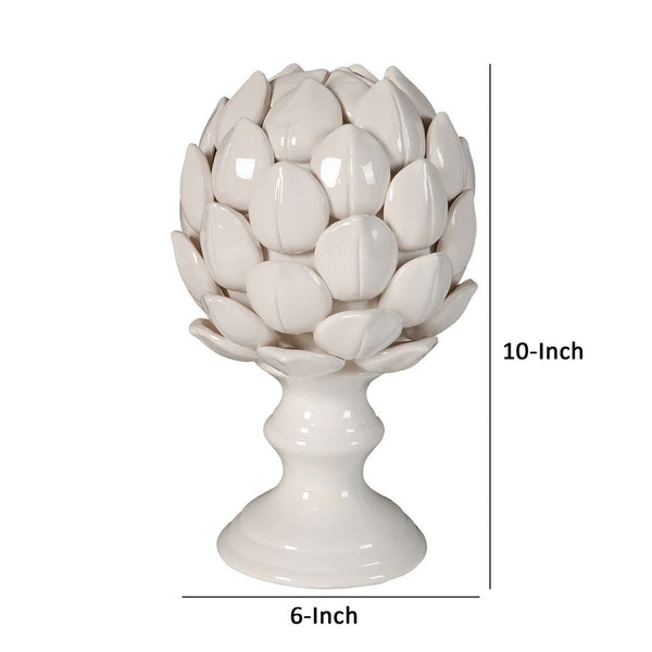 10 Inch Artichoke Accent Decor, Standing Turned Pedestal, White Ceramic - BM285599