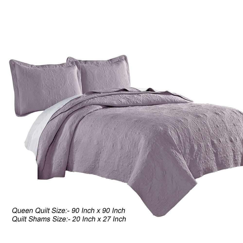 Ada 3 Piece Microfiber Full Size Quilt Set, Mandala Embroidery, Purple - BM285619