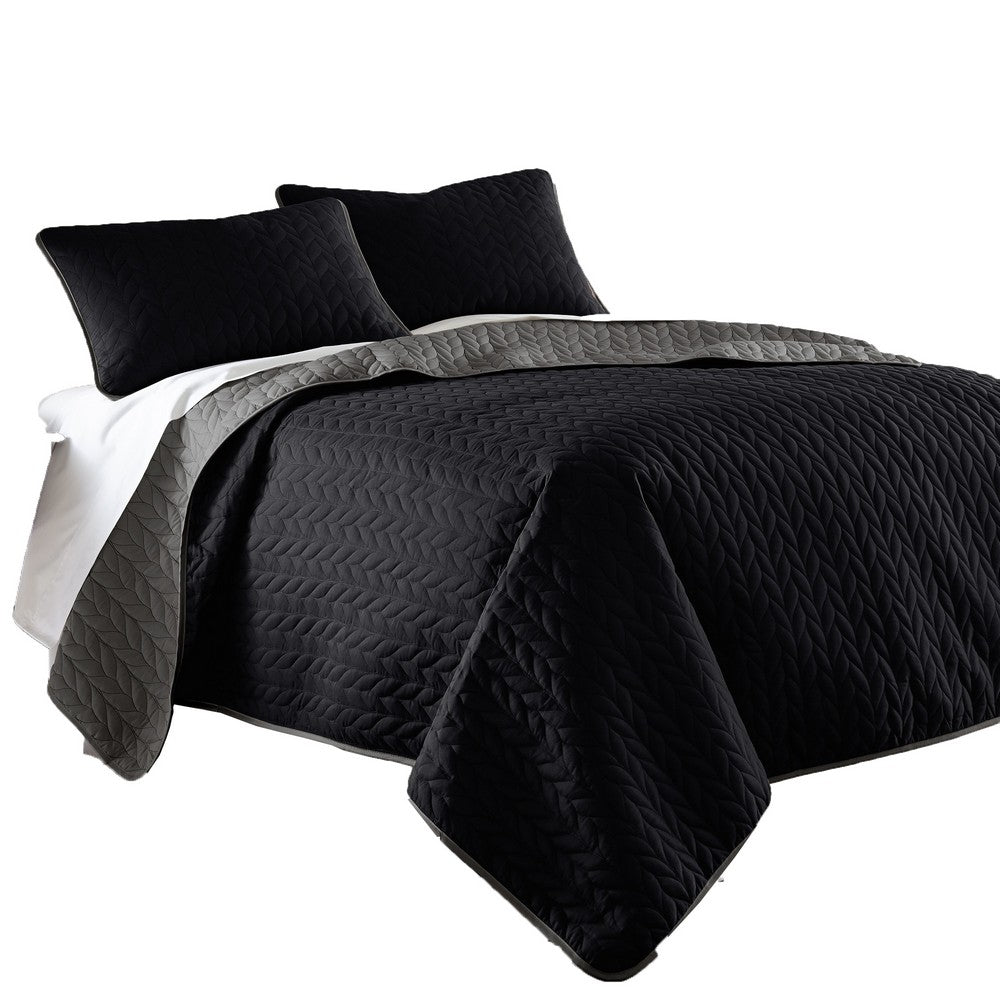 Eva 3 Piece King Microfiber Reversible Coverlet Set, Quilted, Gray, Black - BM285656