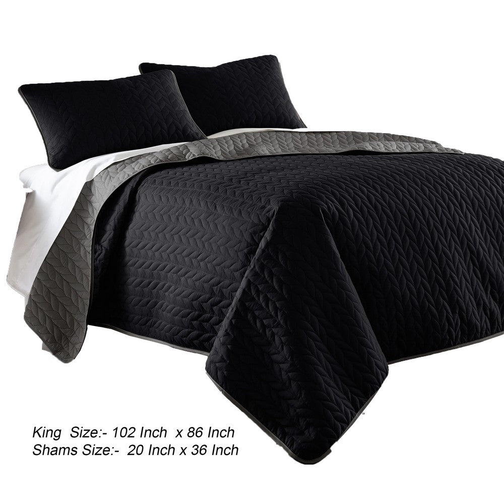 Eva 3 Piece King Microfiber Reversible Coverlet Set, Quilted, Gray, Black - BM285656