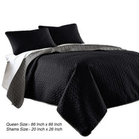 Eva 3 Piece Queen Microfiber Reversible Coverlet Set, Quilted, Gray, Black - BM285657