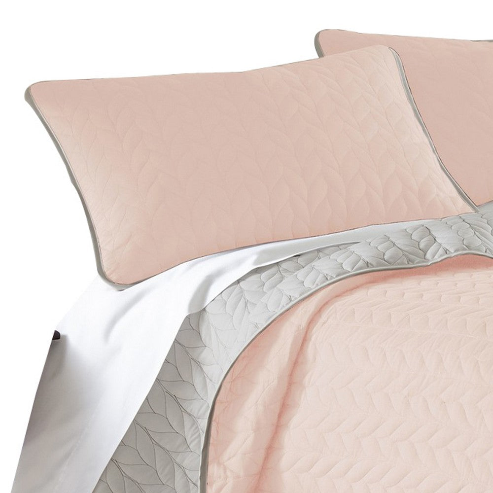 Eva 3 Piece King Microfiber Reversible Coverlet Set, Quilted, Gray, Pink - BM285658