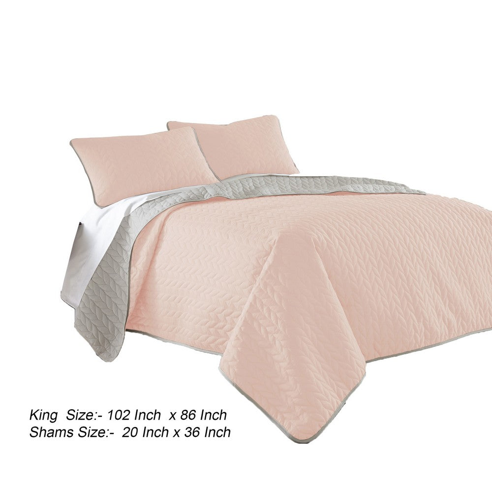 Eva 3 Piece King Microfiber Reversible Coverlet Set, Quilted, Gray, Pink - BM285658