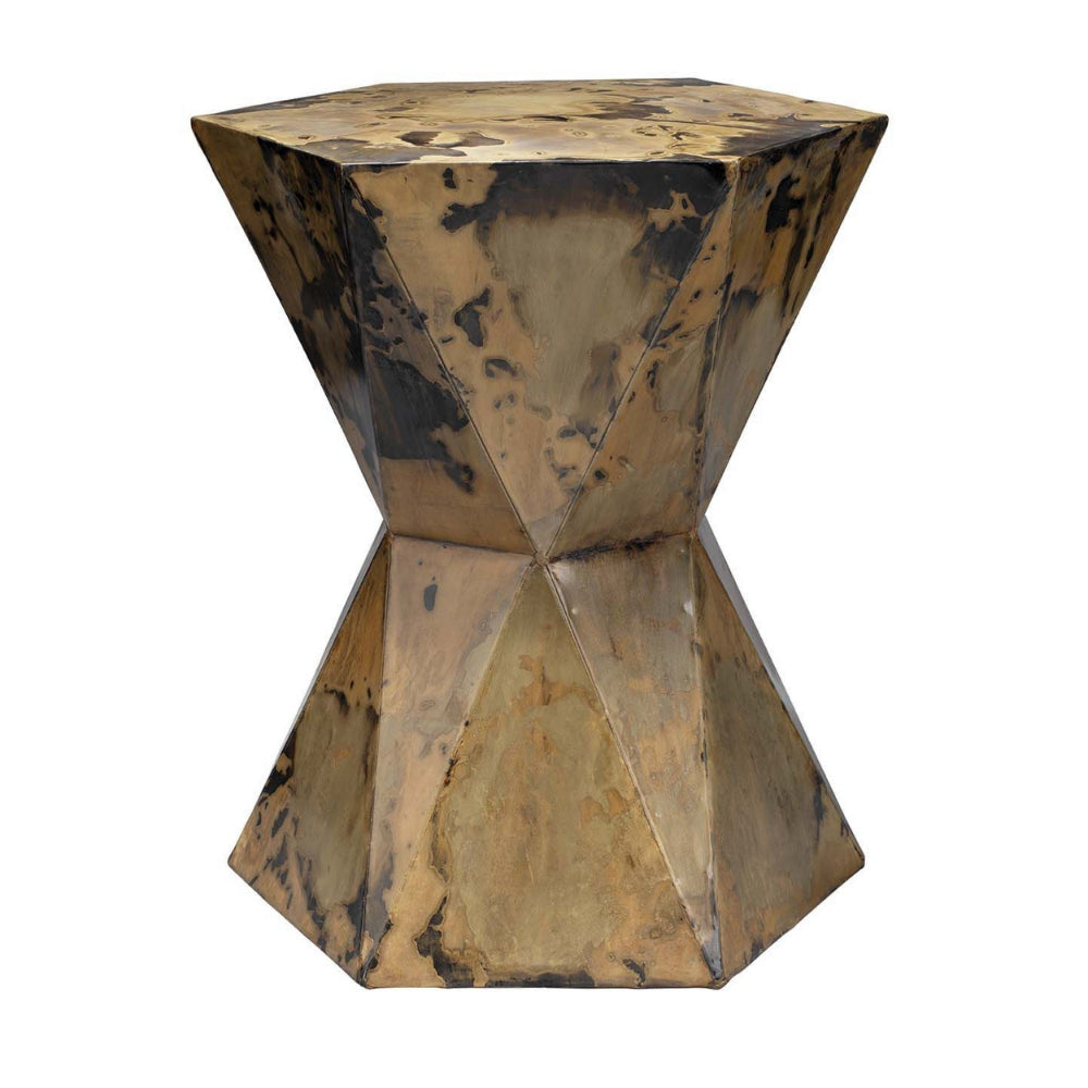 19 Inch Modern Side End Table, Hourglass Shape, Iron Patina Finish, Gold - BM285683