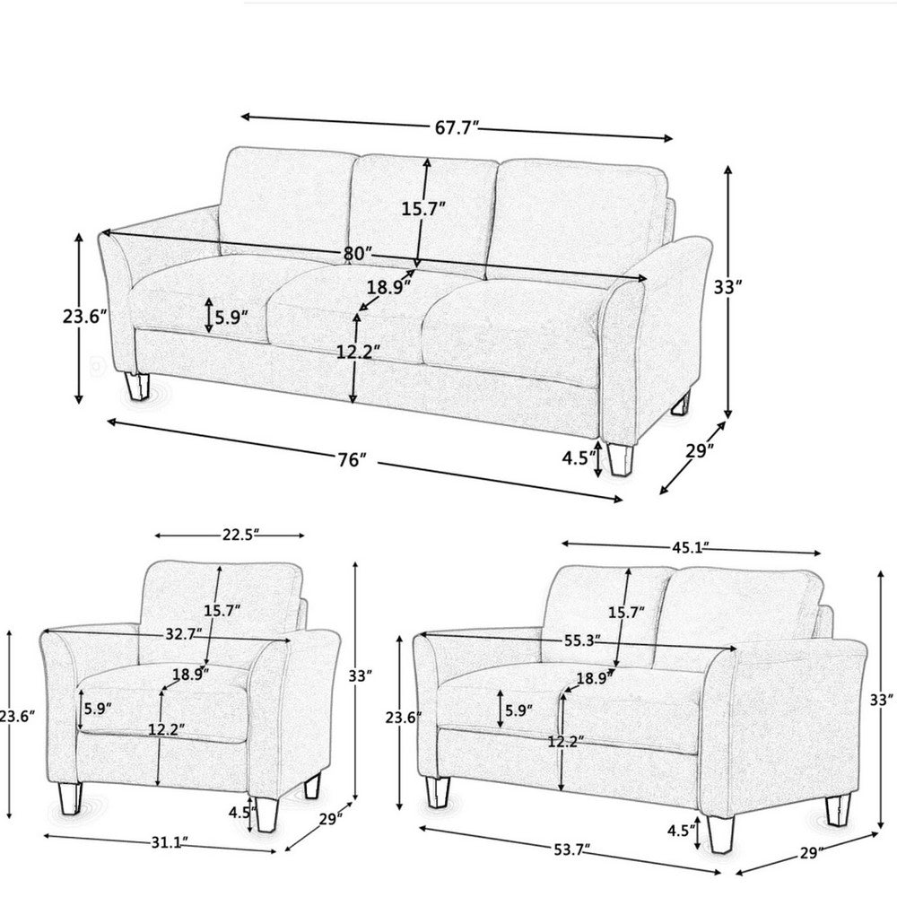 3 Piece Set Modern Sofa Conversation Set with Loveseat and Armchair, Gray - BM285795