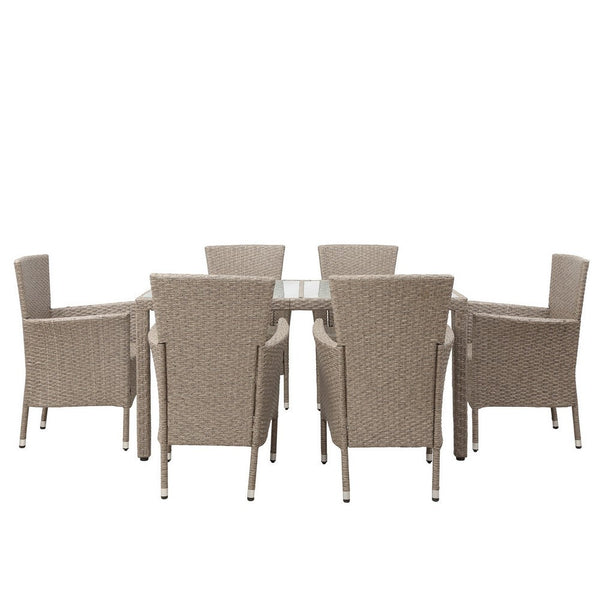 7 Piece Outdoor Patio Dining Table Set, All Weather Rattan in Soft Beige - BM285801
