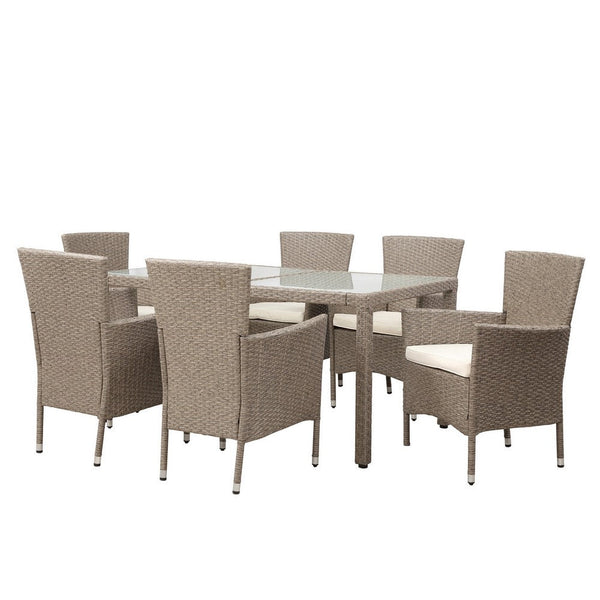 7 Piece Outdoor Patio Dining Table Set, All Weather Rattan in Soft Beige - BM285801