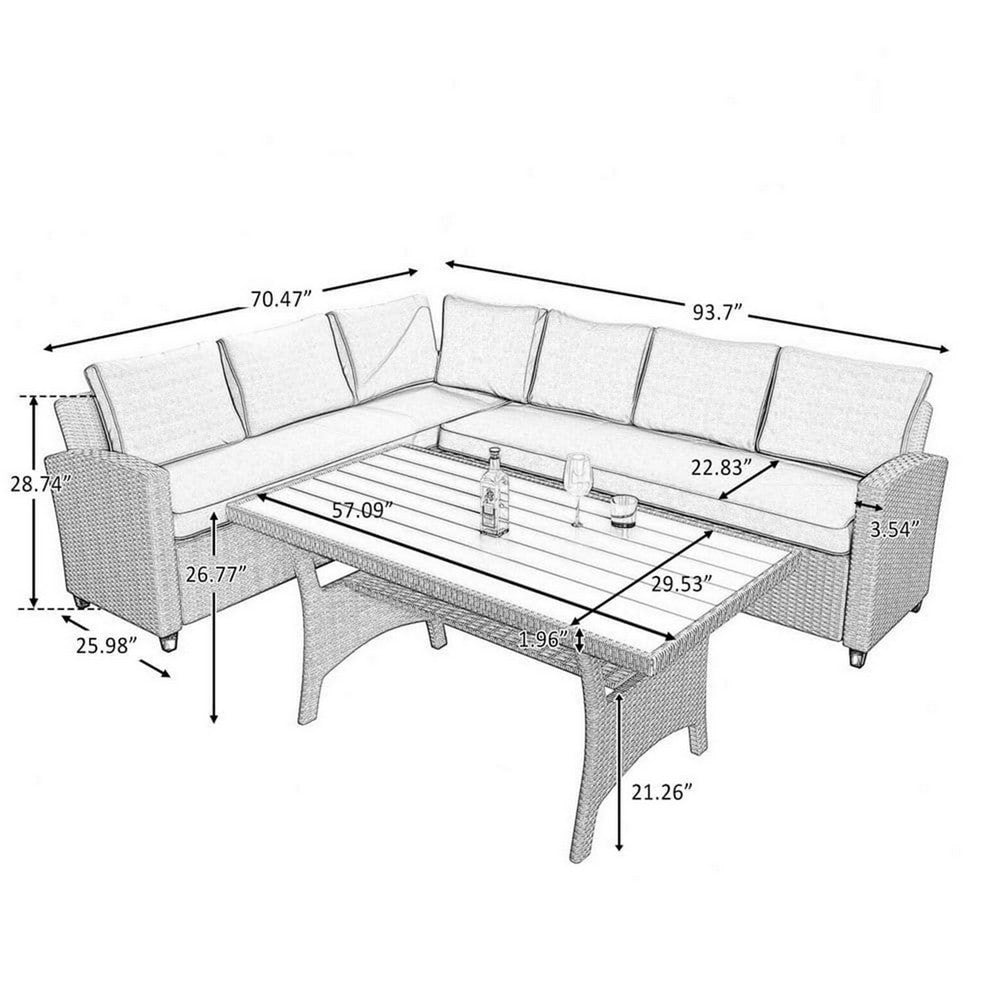 Max 5 Piece Outdoor Patio Sectional Sofa and Dining Table Set, Gray Rattan - BM285841