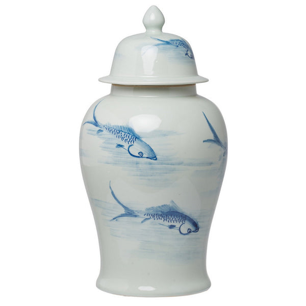 19 Inch Ginger Jar, Lidded, Painted Blue Koi Fish Over White Porcelain - BM285885