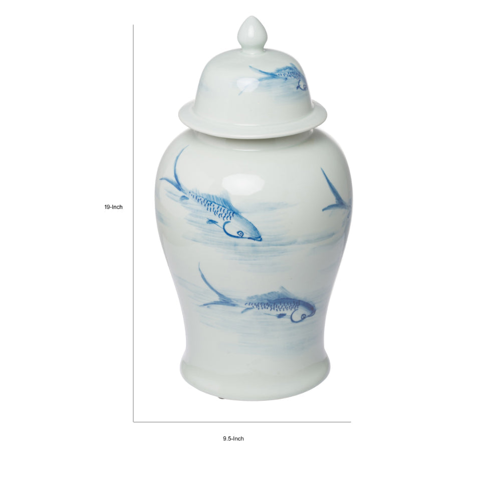 Benjara 19 Inch Ginger Jar, Lidded, Painted Blue Koi Fish