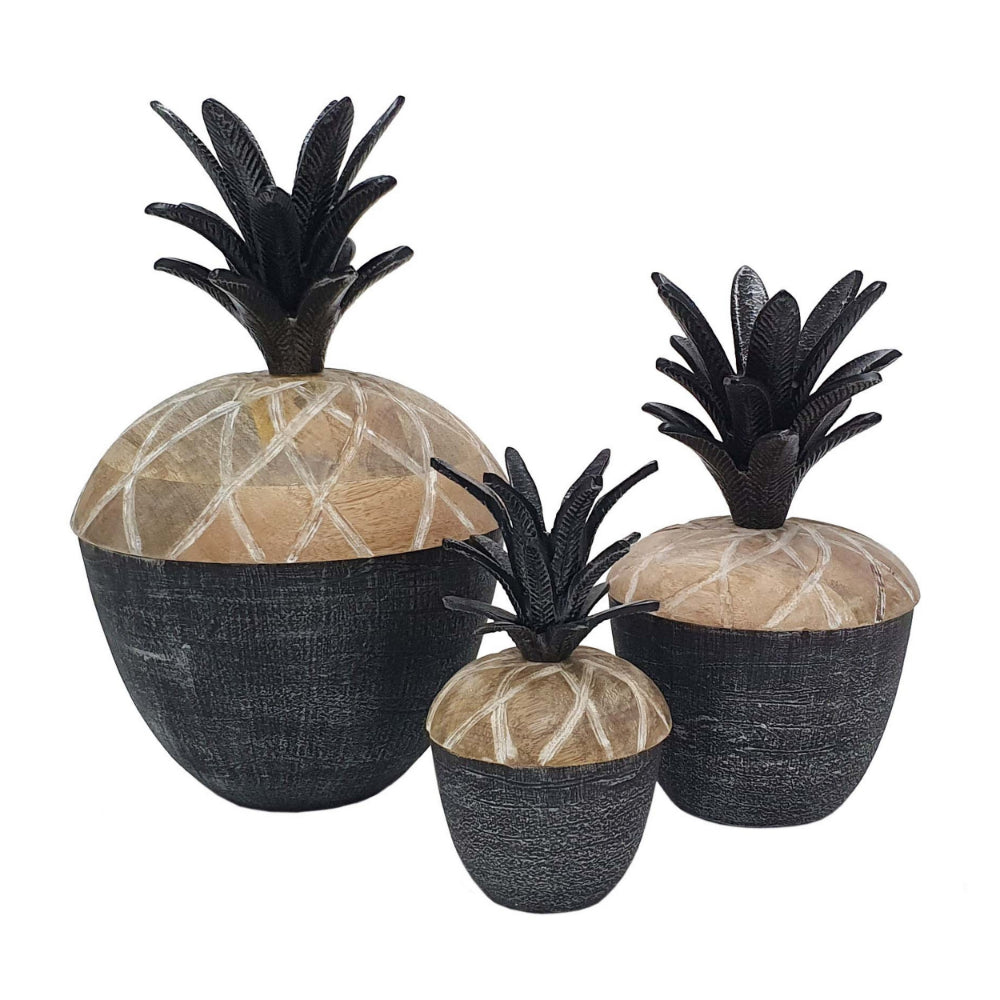 14, 12, 11 Inch Lidded Jar, Pineapple Design, Gray Mango Wood, Set of 3 - BM285888