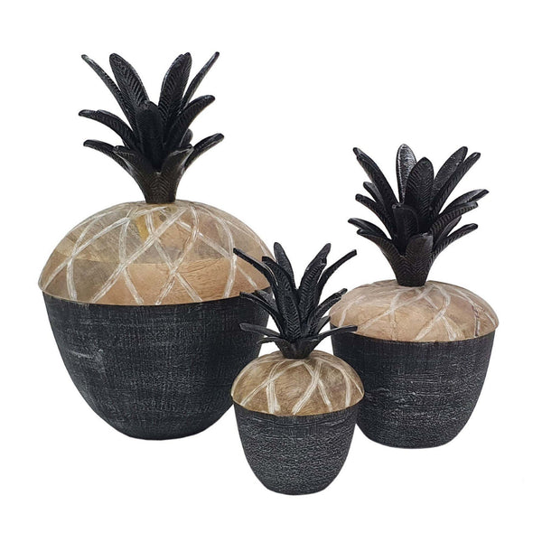 14, 12, 11 Inch Lidded Jar, Pineapple Design, Gray Mango Wood, Set of 3 - BM285888