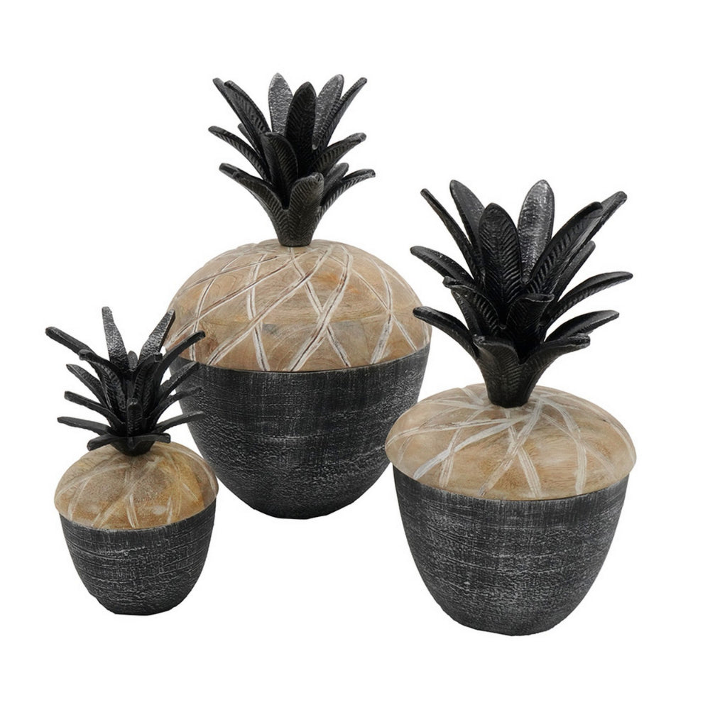 14, 12, 11 Inch Lidded Jar, Pineapple Design, Gray Mango Wood, Set of 3 - BM285888