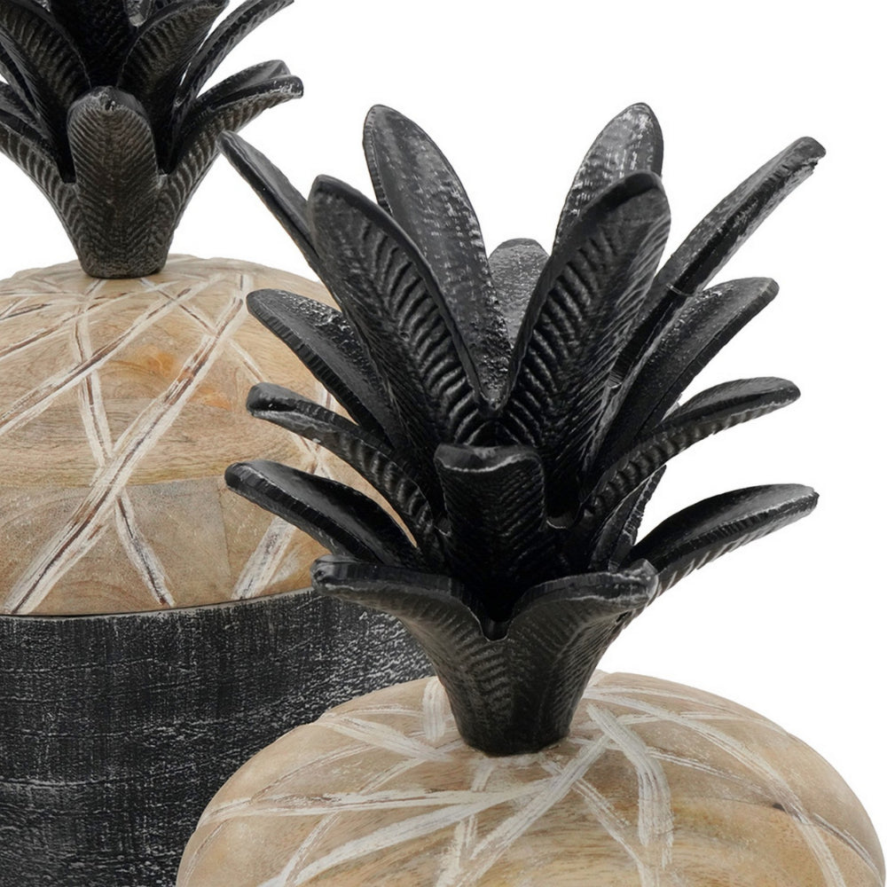 14, 12, 11 Inch Lidded Jar, Pineapple Design, Gray Mango Wood, Set of 3 - BM285888