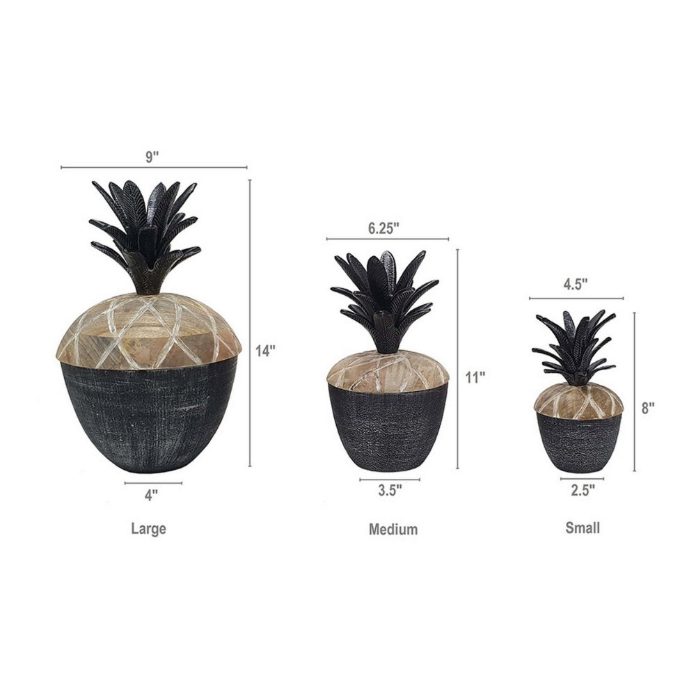 14, 12, 11 Inch Lidded Jar, Pineapple Design, Gray Mango Wood, Set of 3 - BM285888