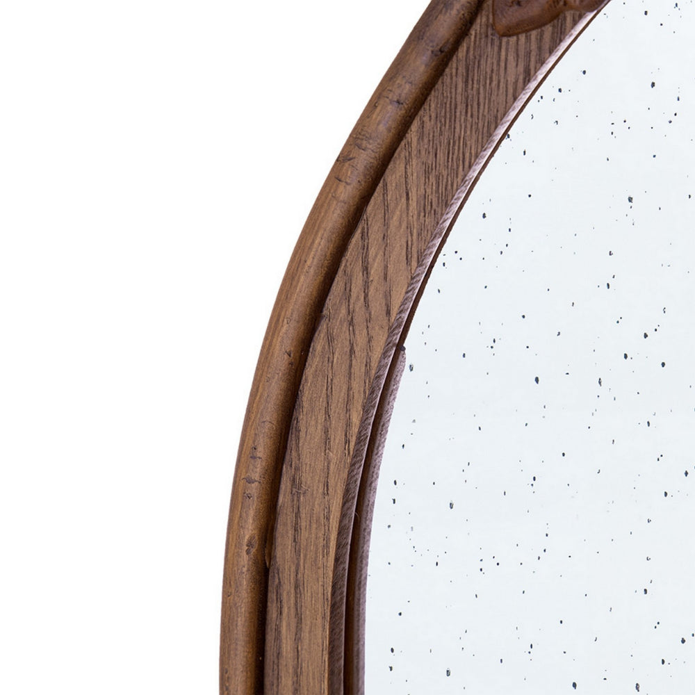 Eel 42 Inch Wall Mirror, Brown Arched Wood Frame, Hand Carved Rose Accent - BM285889