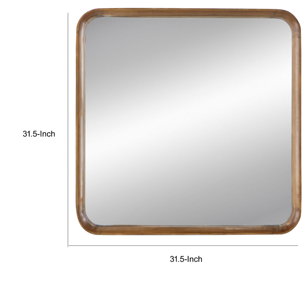 Roe 32 Inch Wall Mirror, Brown Curved Pine Wood Frame, Minimalistic - BM285894