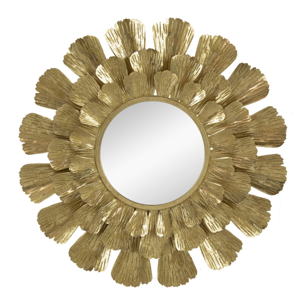 37 Inch Wall Mirror, Layered Flower Petals, Gold Finished Metal Frame - BM285898