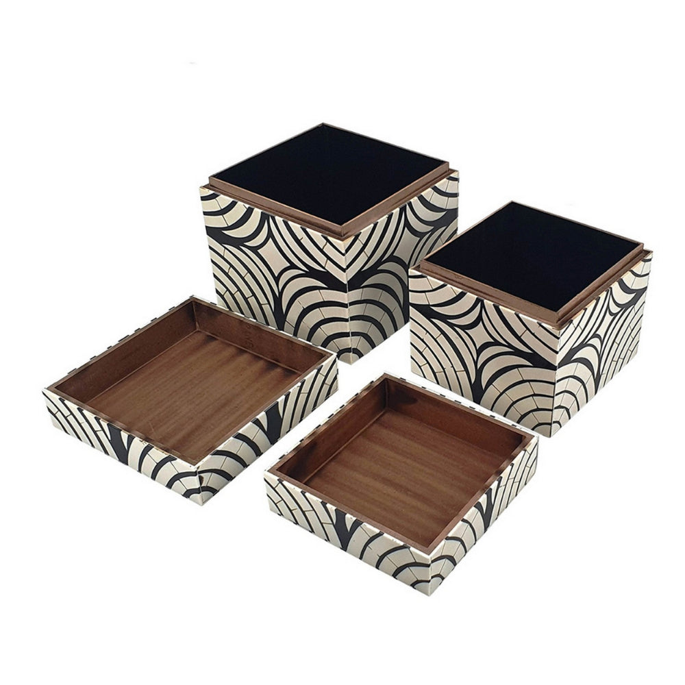 8, 7 Inch Storage Box Set of 2, Wood Frame, Black and White Trellis - BM285922