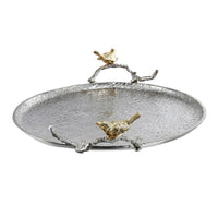 21 Inch Decorative Tray Set of 2, Perched Birds Silver Metal, Large - BM285923