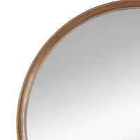 Roe 32 Inch Wall Mounted Round Mirror, Modern Brown Pine Wood Frame - BM285936