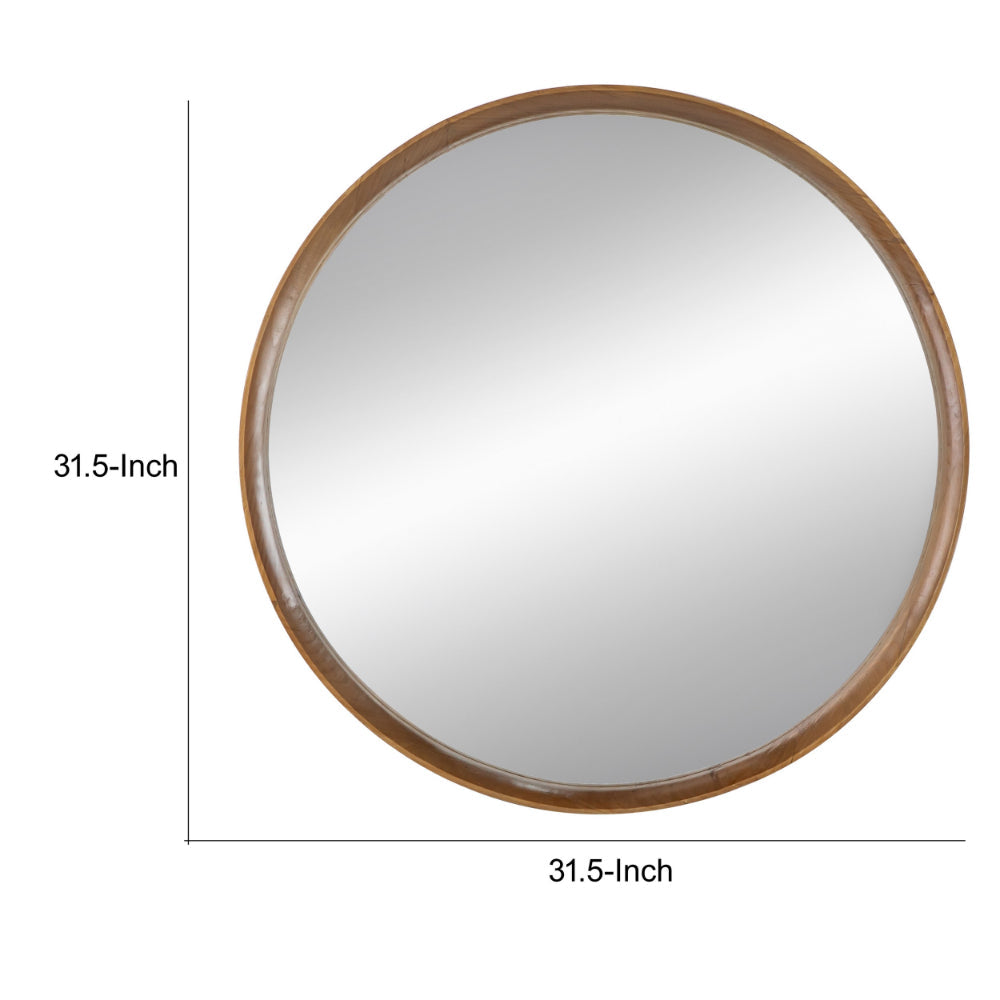 Roe 32 Inch Wall Mounted Round Mirror, Modern Brown Pine Wood Frame - BM285936