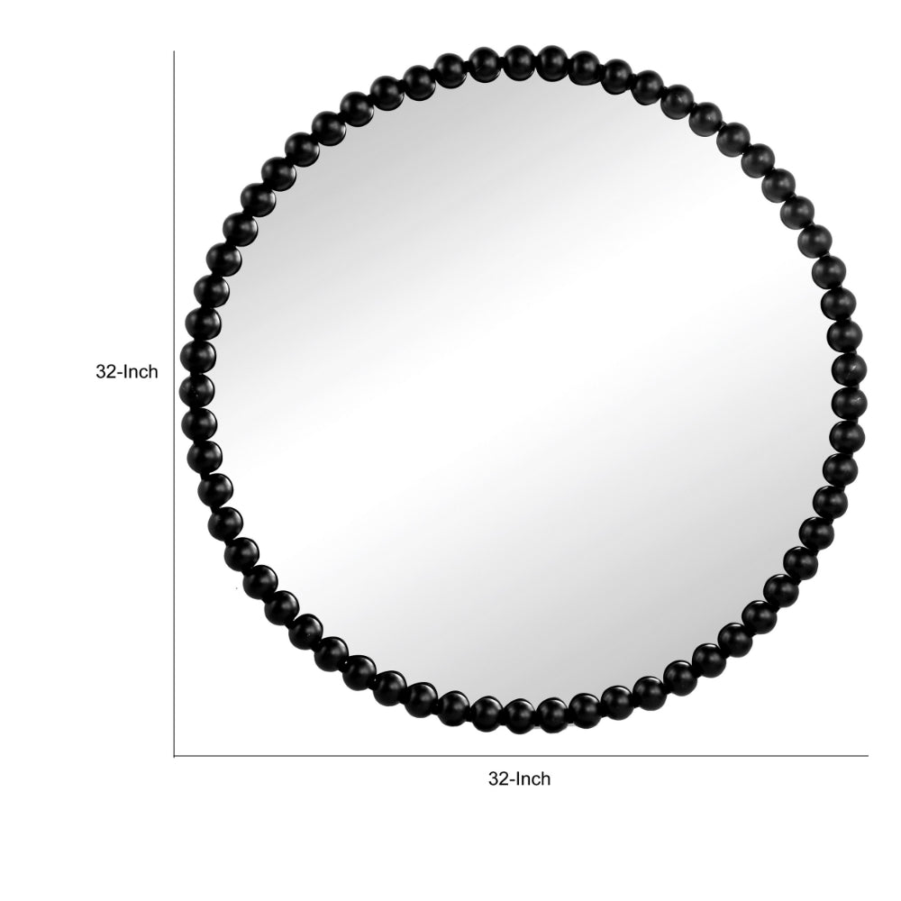 Emu 32 Inch Modern Round Wall Mirror, Beaded Black Metal Accent Frame - BM285938