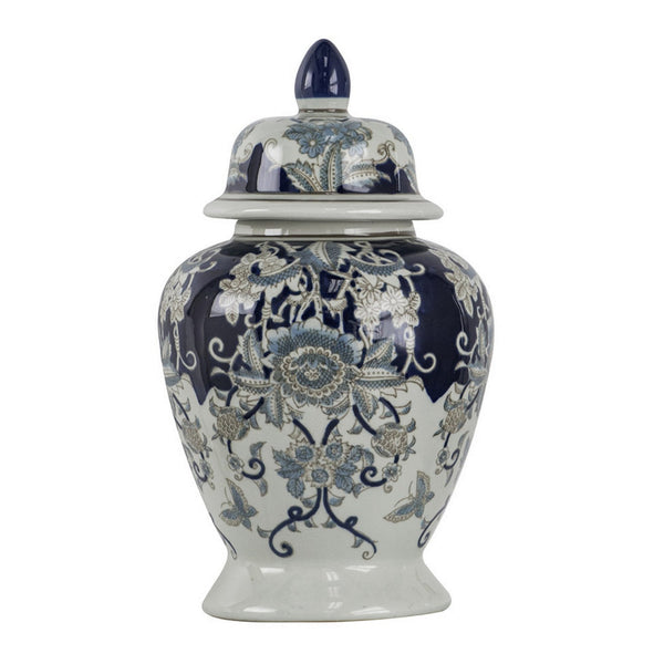 17 Inch Porcelain Ginger Jar with Lid, Vintage Blue and White Flower Design - BM285943
