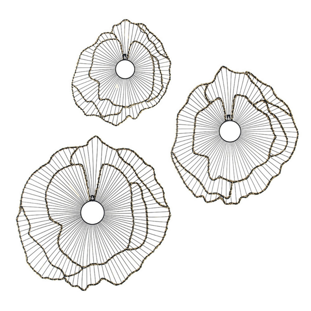 30, 24, 18 Inch Set of 3 Decorative Metal Flowers, Wall Decor Black, Gold - BM285945