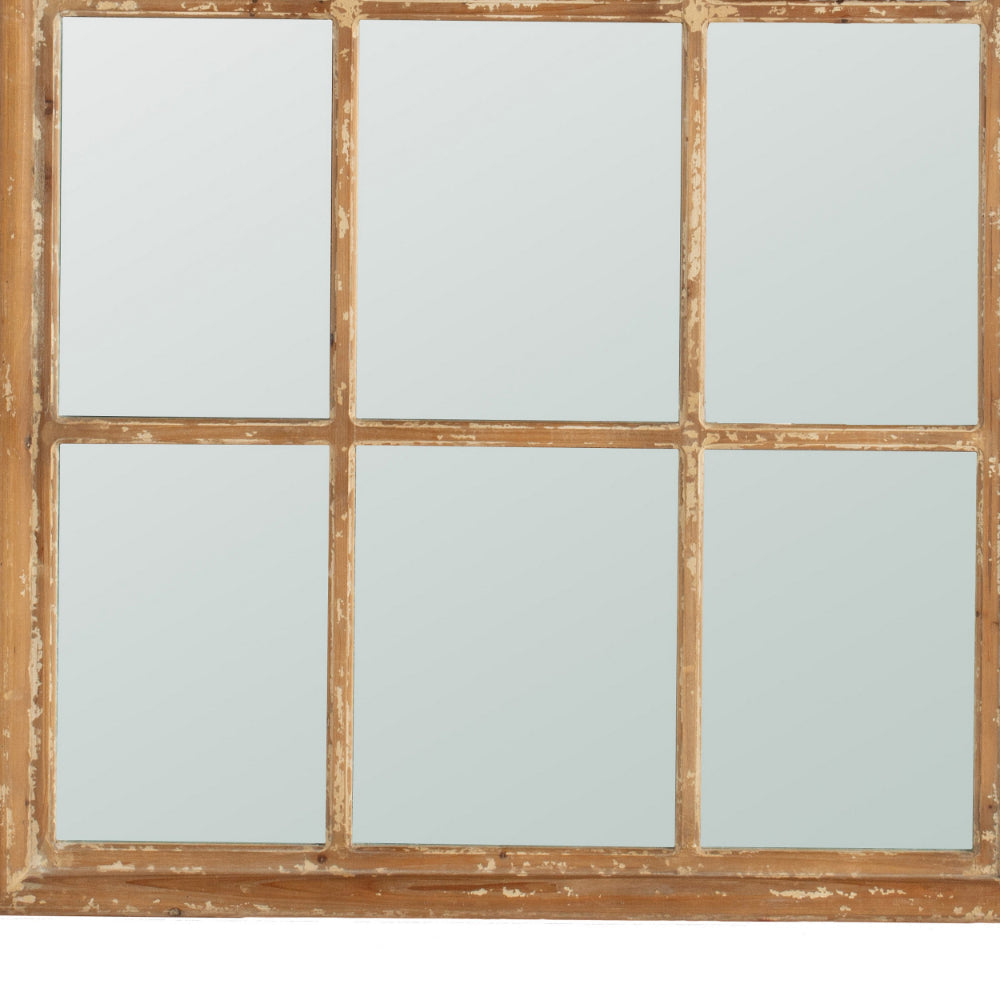 54 Inch Wall Mirror with Window Pane Design, Fir Wood, Distressed Brown - BM285948