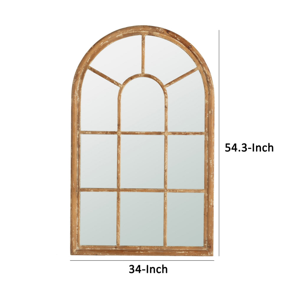 54 Inch Wall Mirror with Window Pane Design, Fir Wood, Distressed Brown - BM285948