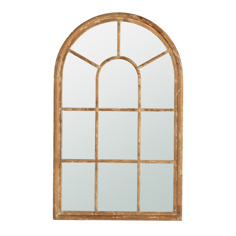 54 Inch Wall Mirror with Window Pane Design, Fir Wood, Distressed Brown - BM285948