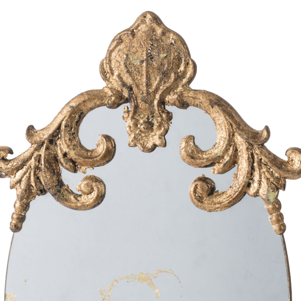 Vic 21 Inch Oval Wall Mirror, Ornate Scrolled Wood Frame, Antique Gold Finish - BM285953