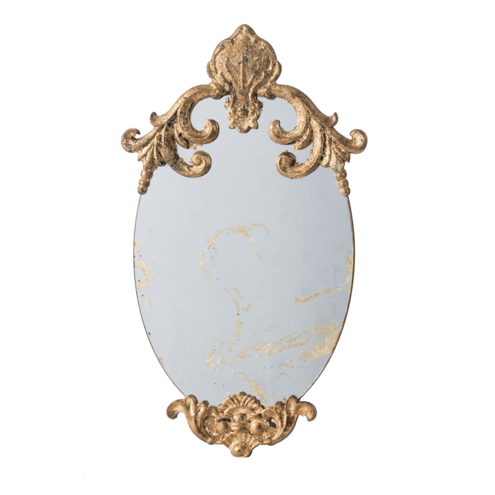 Vic 21 Inch Oval Wall Mirror, Ornate Scrolled Wood Frame, Antique Gold Finish - BM285953