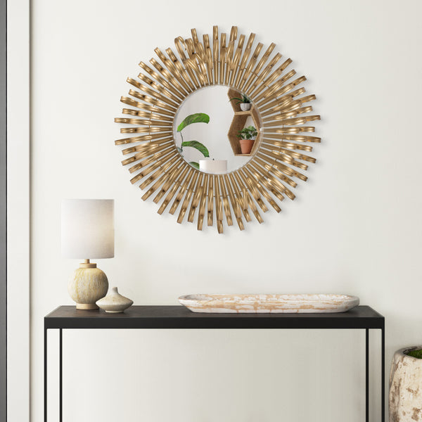 27 Inch Round Wall Mount Accent Decor Mirror, Sunburst, Iron Frame, Gold - BM286092