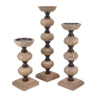 23, 18, 14 Inch Set of 3 Candleholders in Pillar Accent Wood Orbs, Brown - BM286098